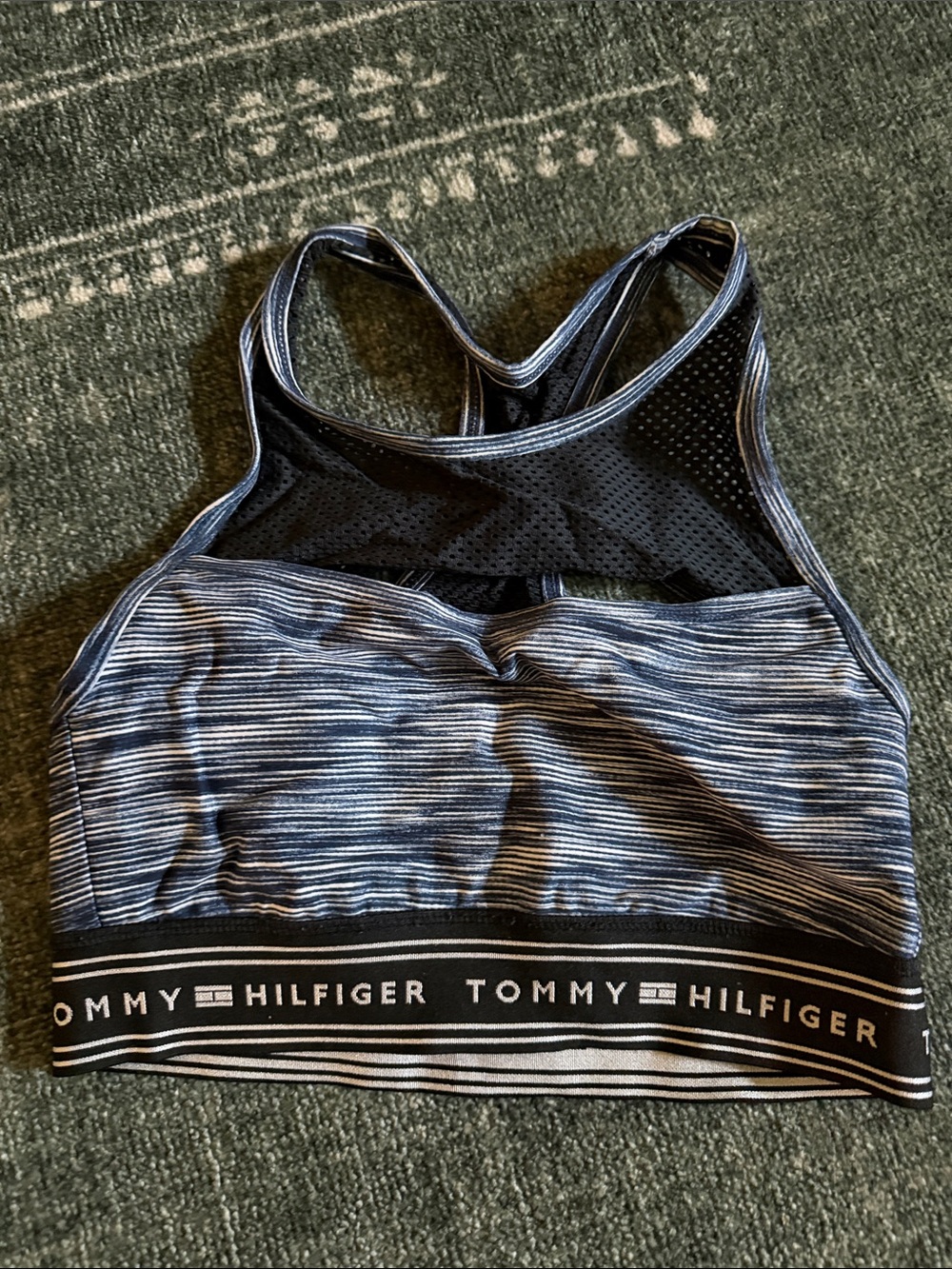 FREE Tommy Hilfiger Black & Gray Striped Racerback Sports Bra with Cutout